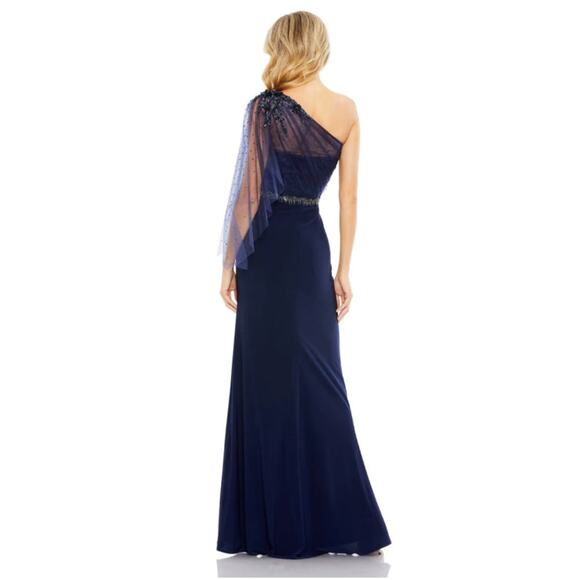 Mac Duggal 16 navy Embellished One Shoulder Draped Gown dress mesh sequin prom - Picture 2 of 7